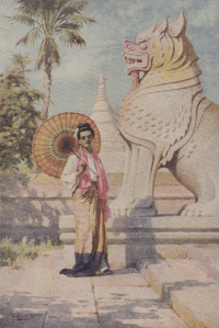 A picture of a Burmese woman at the entrance to a pagoda, painted by R. Tablot-Kelly in c.1908