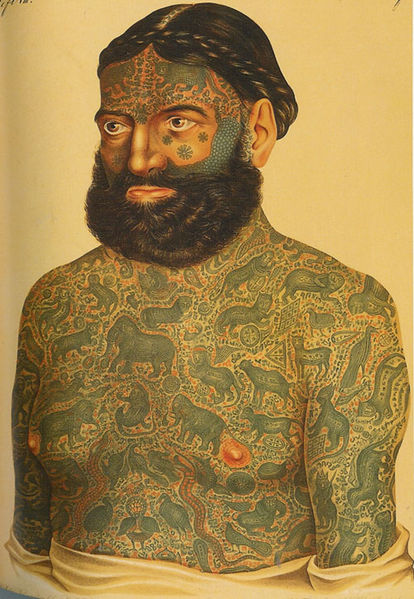'The figures consist of sphinxes, storks, swans, peacocks, snakes, men, women with dress, panthers, lions, elephants, crocodiles, salamanders, dragons, fishes, gazelles, fruit, leaves, flowers, and objects of every description.' A. W. Franks, 'Tattooed Man from Burmah',Journal of the Anthropological Institute of Great Britain and Ireland (1873) 